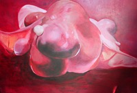 Red and pink abstract forms in an acrylic painting by Monique Lofters